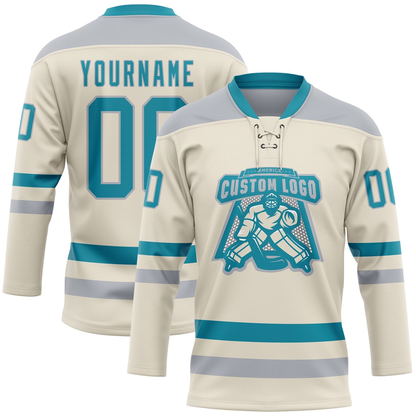 Custom Cream Teal-Gray Hockey Lace Neck Jersey view 2
