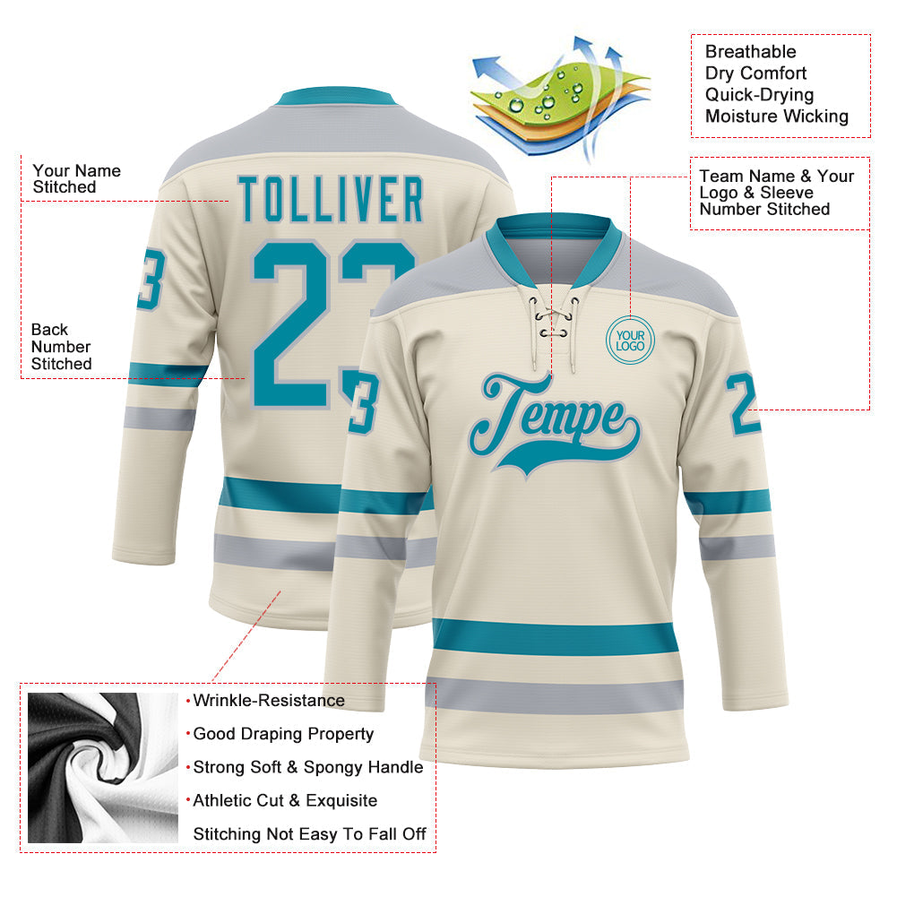 Custom Cream Teal-Gray Hockey Lace Neck Jersey view 3