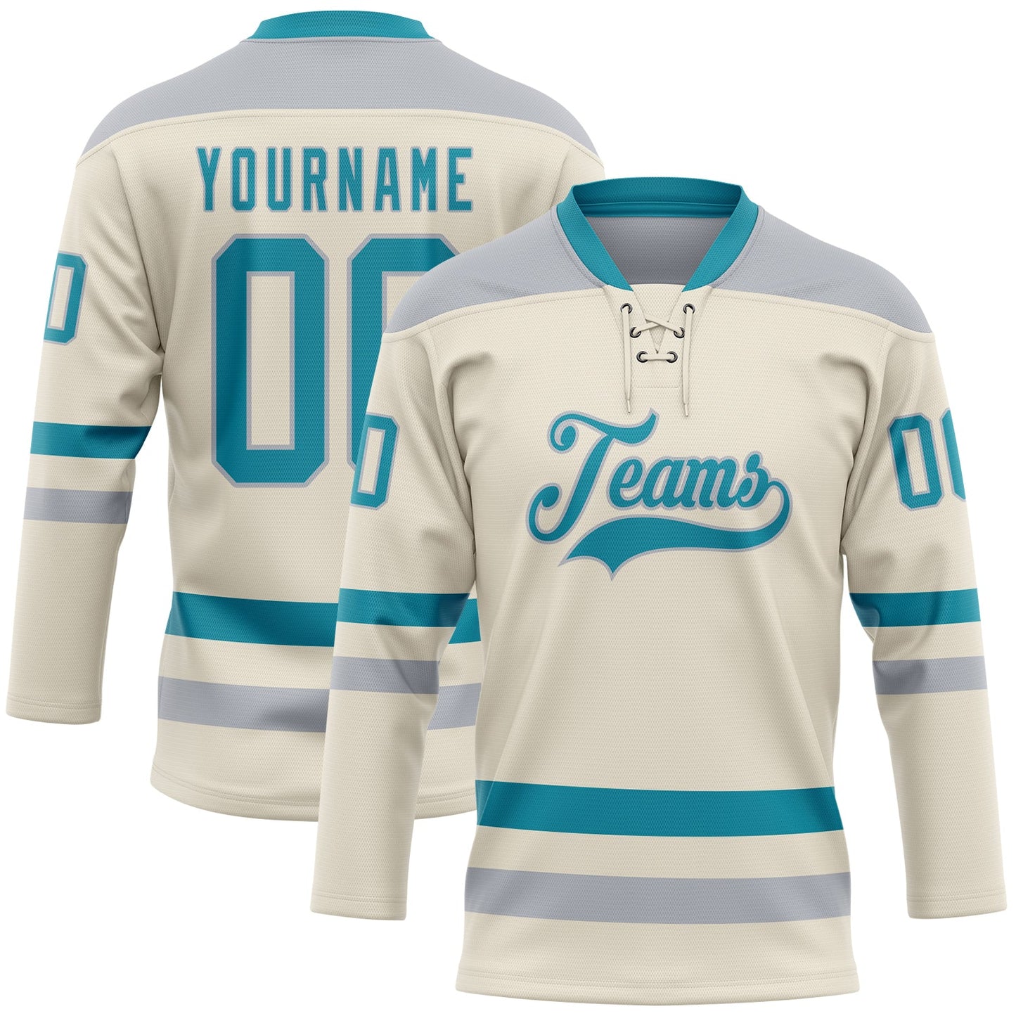 Custom Cream Teal-Gray Hockey Lace Neck Jersey - Main View