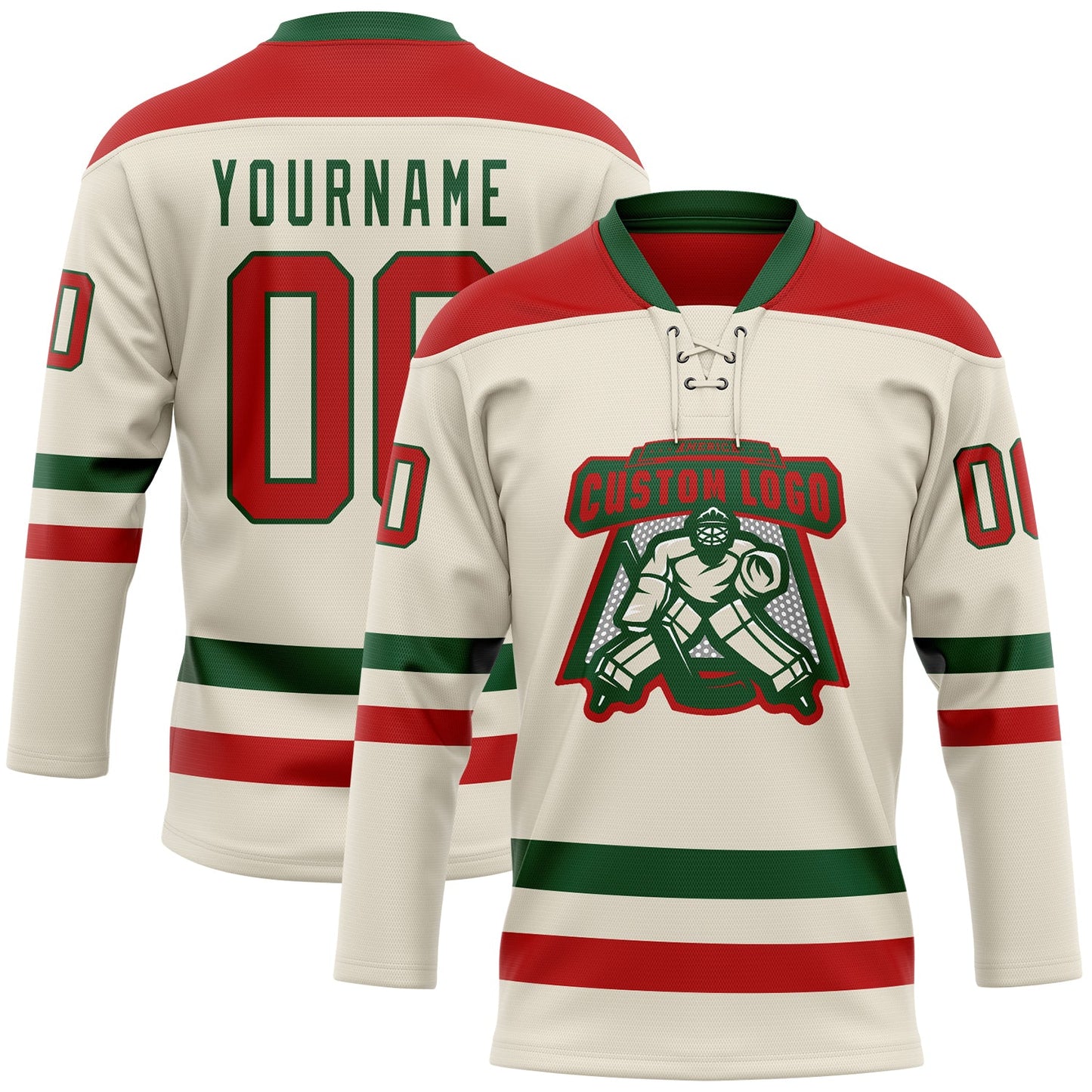 Custom Cream Red-Green Hockey Lace Neck Jersey view 2