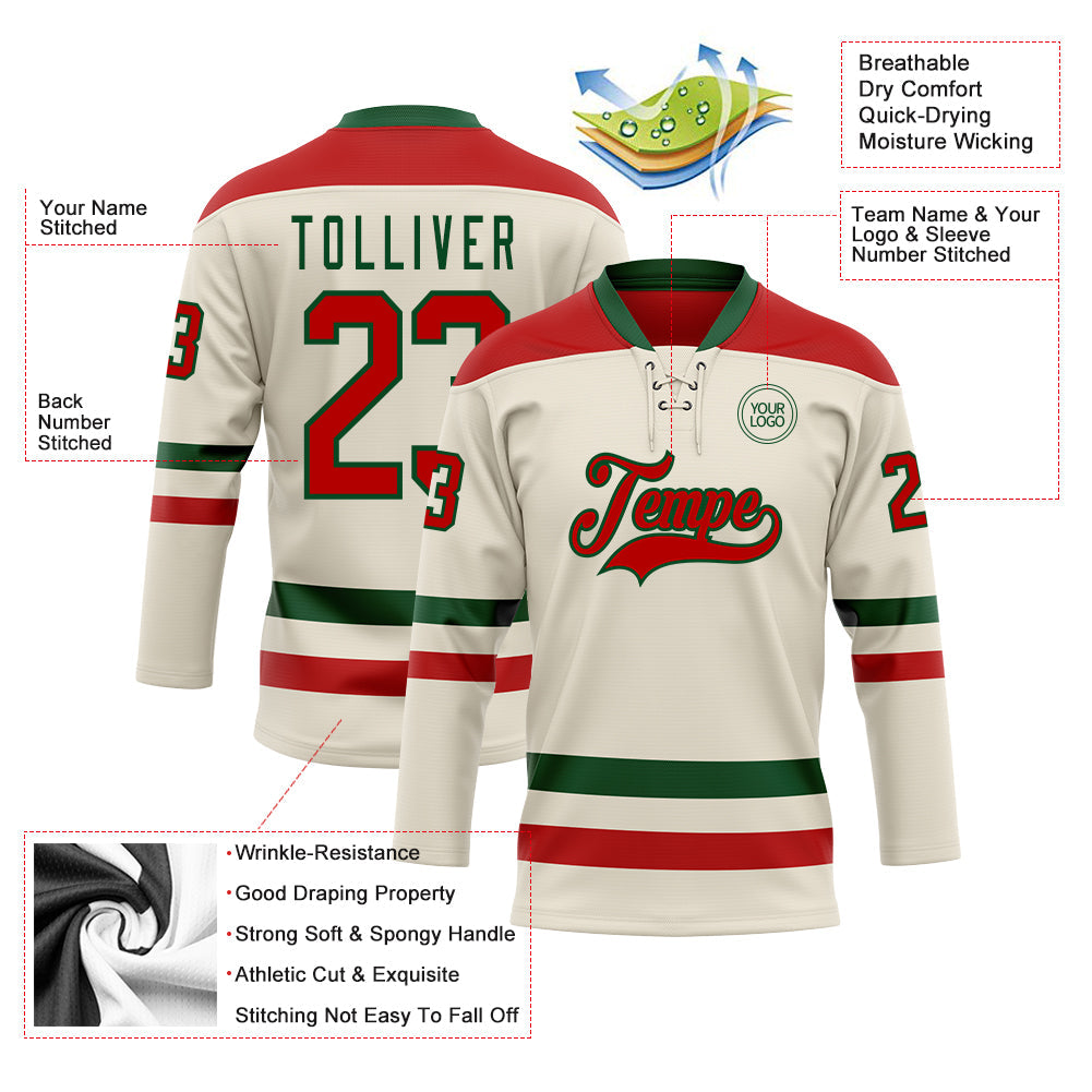 Custom Cream Red-Green Hockey Lace Neck Jersey view 3