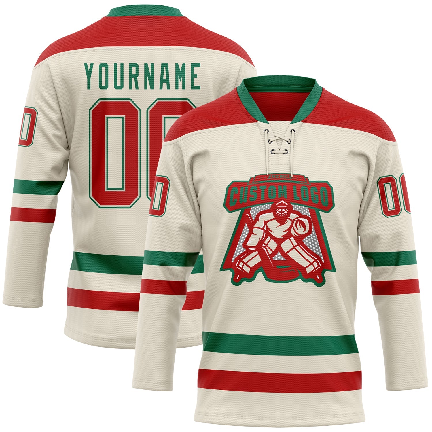 Custom Cream Red-Kelly Green Hockey Lace Neck Jersey view 2