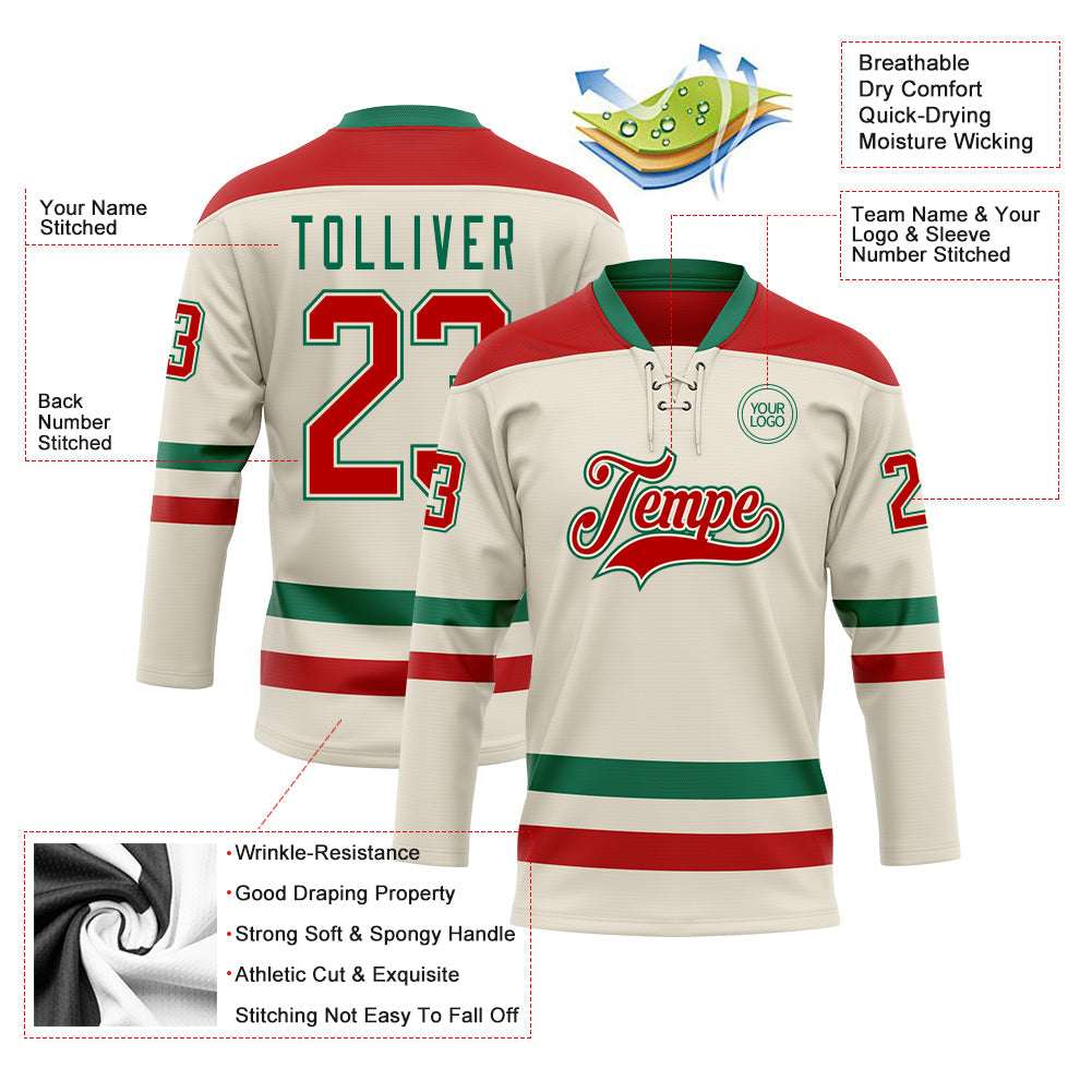 Custom Cream Red-Kelly Green Hockey Lace Neck Jersey view 3