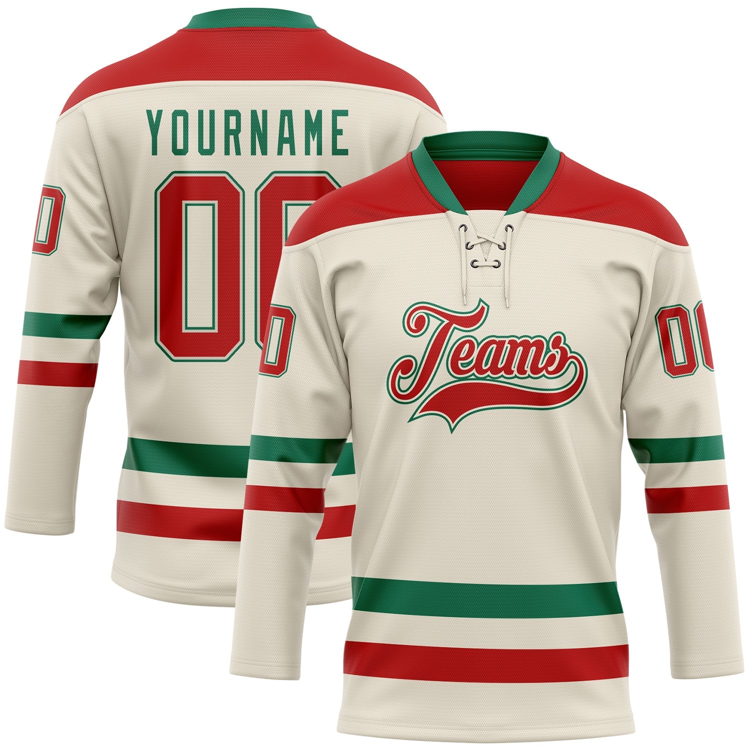 Custom Cream Red-Kelly Green Hockey Lace Neck Jersey - Main View
