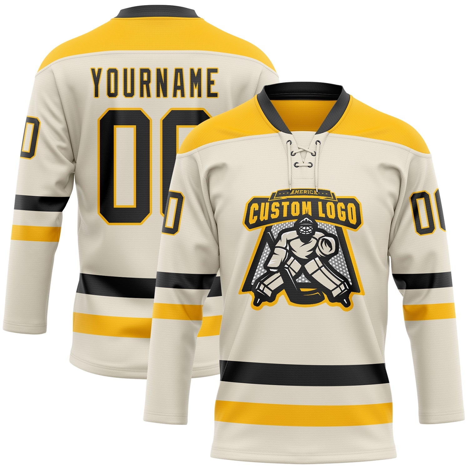 Custom Cream Black-Gold Hockey Lace Neck Jersey view 2
