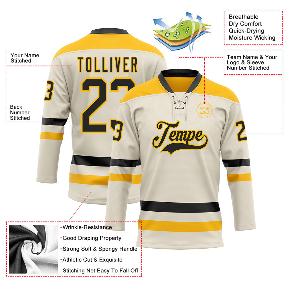 Custom Cream Black-Gold Hockey Lace Neck Jersey view 3