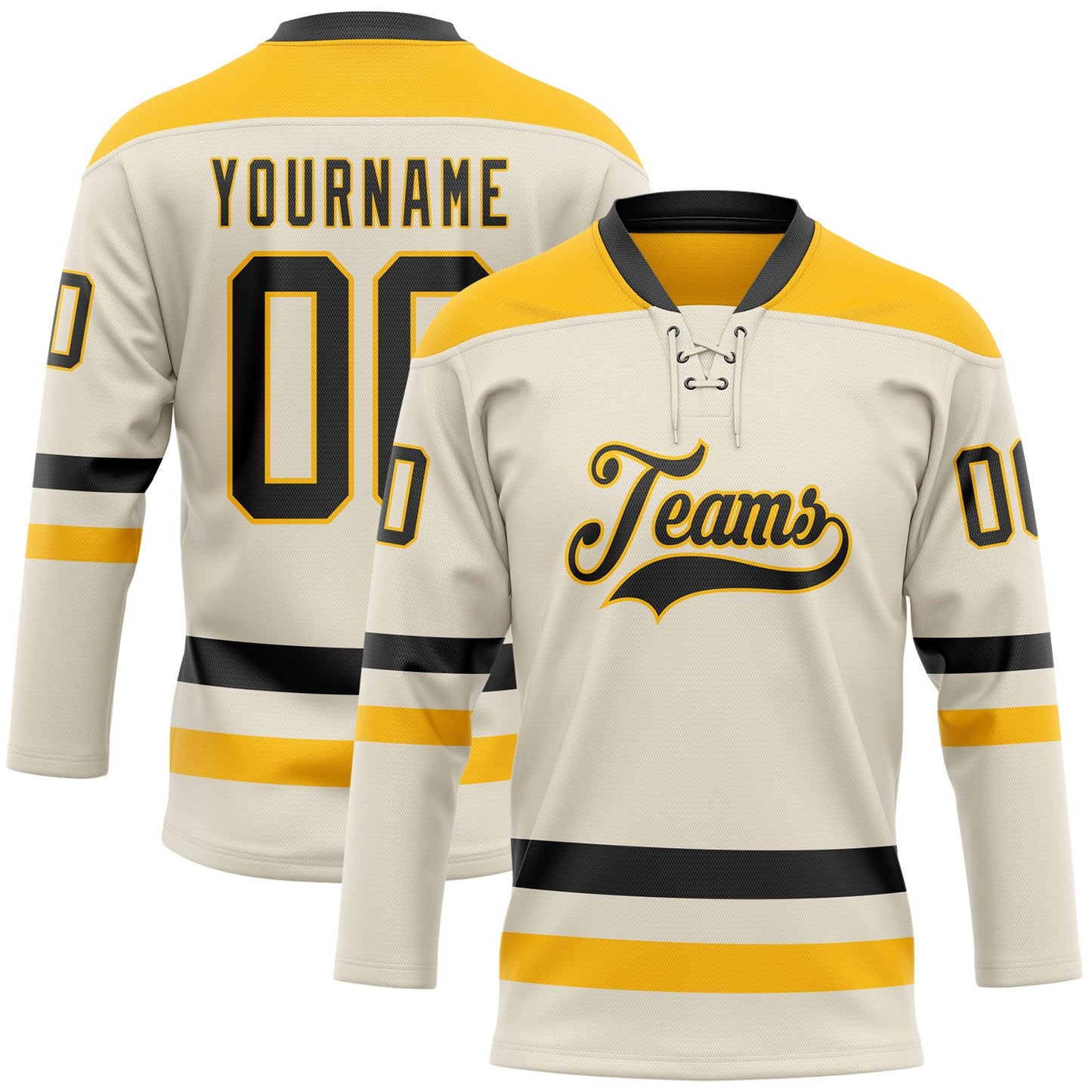 Custom Cream Black-Gold Hockey Lace Neck Jersey - Main View