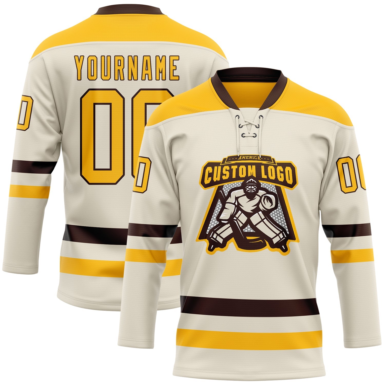 Custom Cream Gold-Brown Hockey Lace Neck Jersey view 2