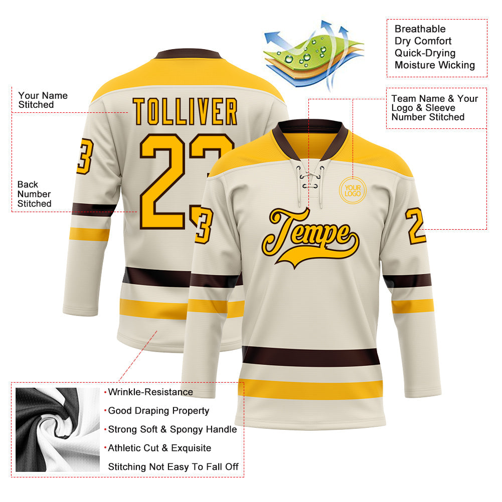 Custom Cream Gold-Brown Hockey Lace Neck Jersey view 3