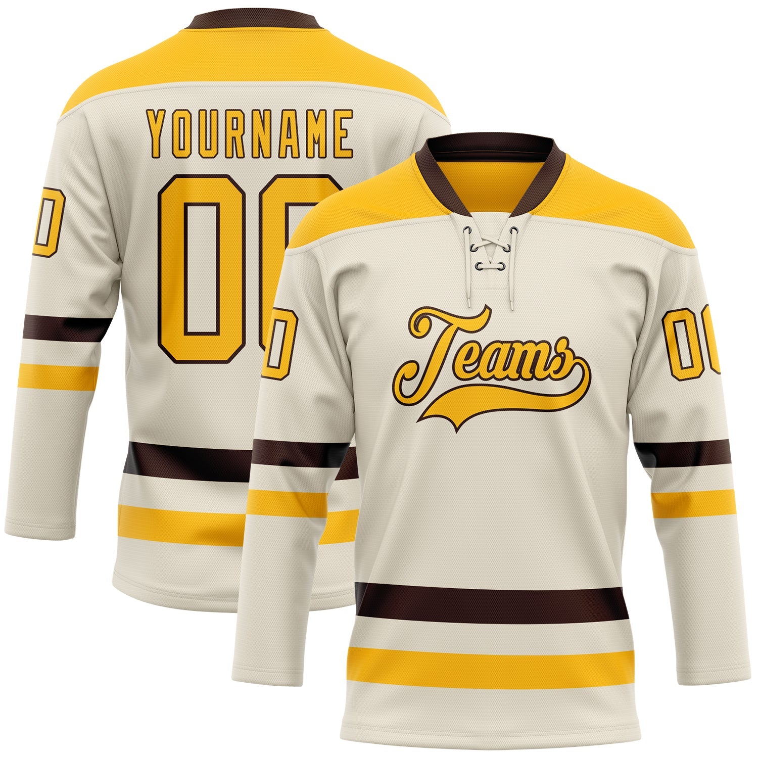 Custom Cream Gold-Brown Hockey Lace Neck Jersey - Main View