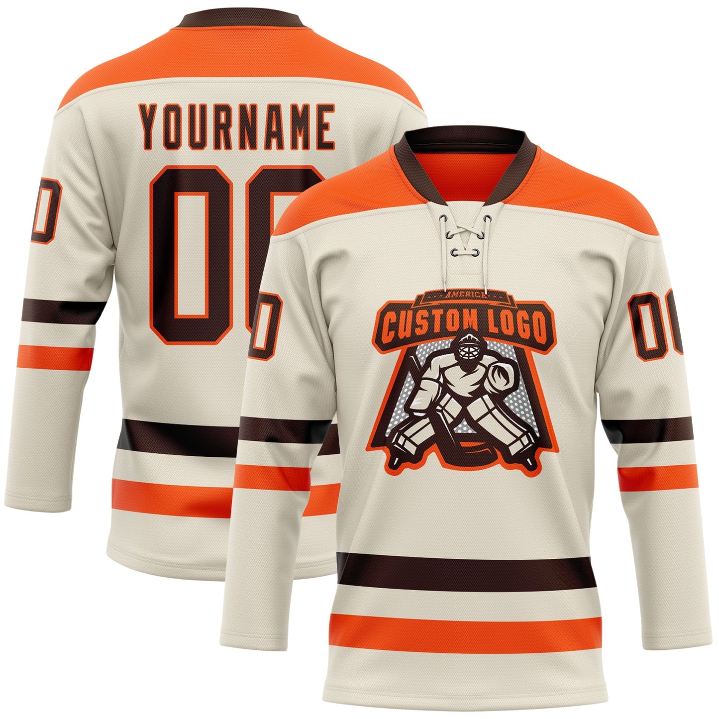 Custom Cream Brown-Orange Hockey Lace Neck Jersey view 2