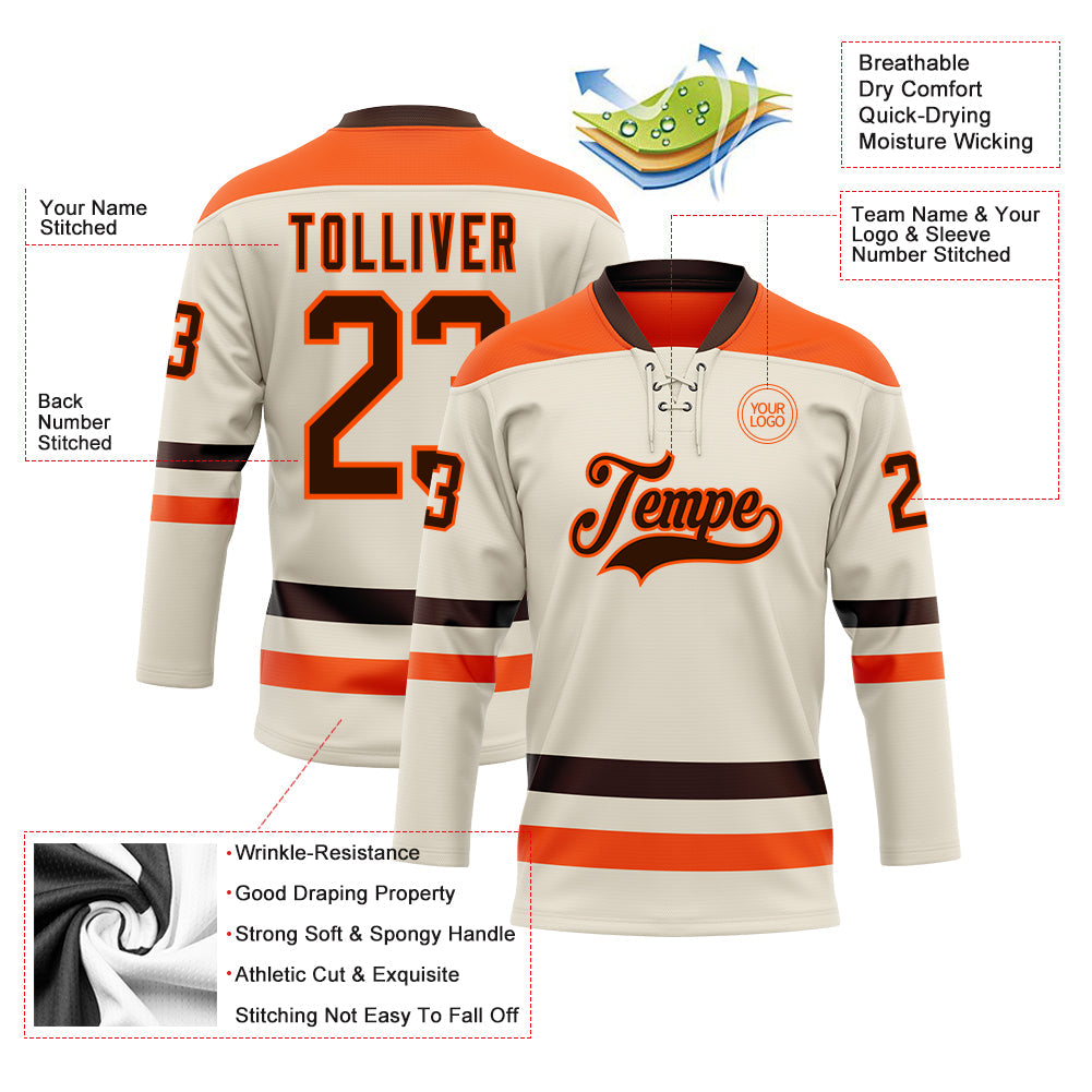 Custom Cream Brown-Orange Hockey Lace Neck Jersey view 3