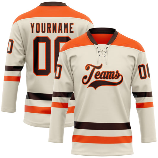 Custom Cream Brown-Orange Hockey Lace Neck Jersey - Main View