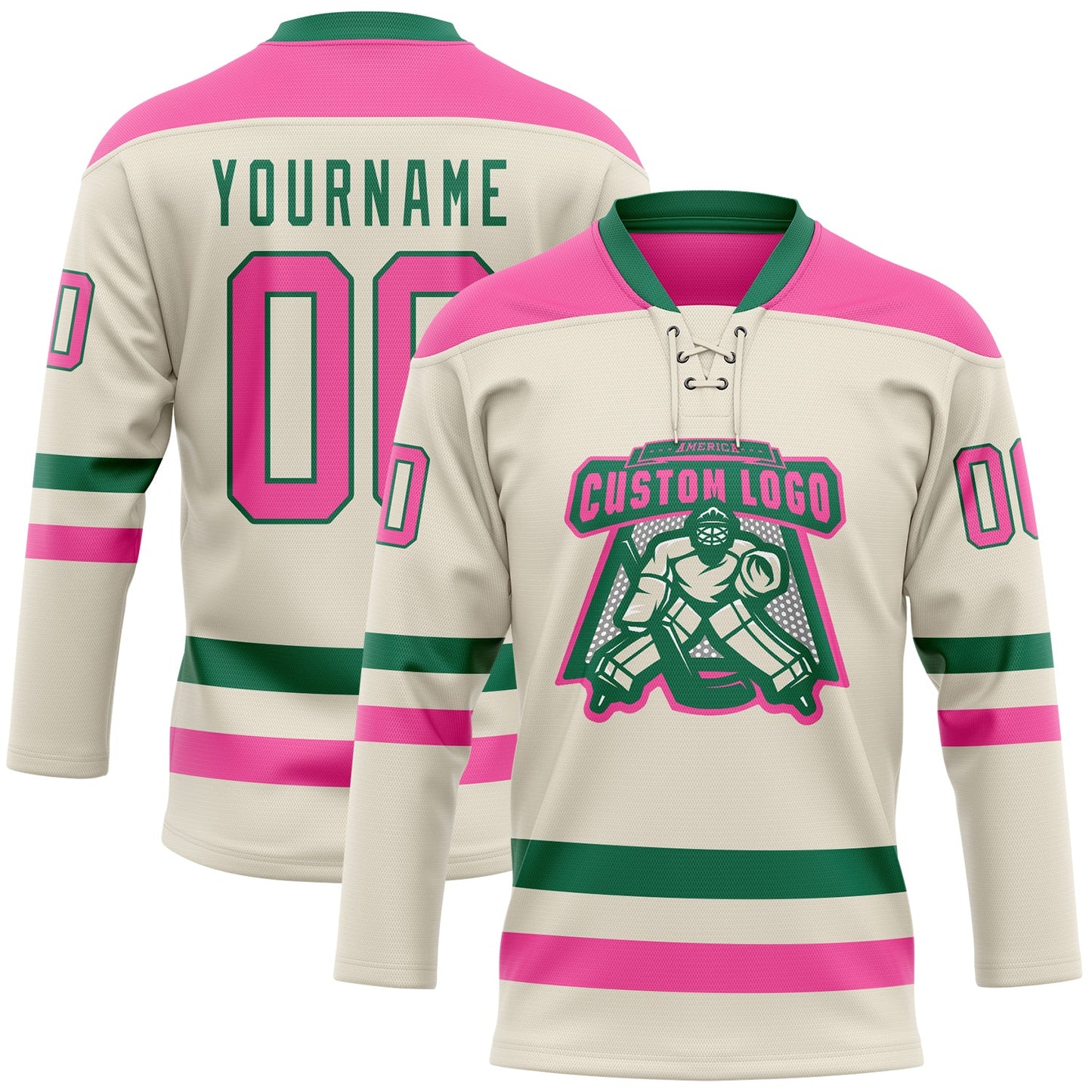 Custom Cream Pink-Kelly Green Hockey Lace Neck Jersey view 2