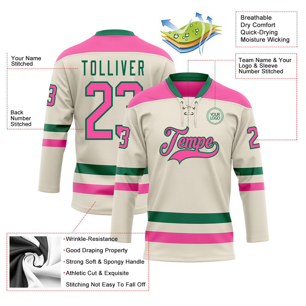 Custom Cream Pink-Kelly Green Hockey Lace Neck Jersey view 3