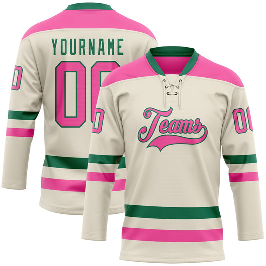 Custom Cream Pink-Kelly Green Hockey Lace Neck Jersey - Main View
