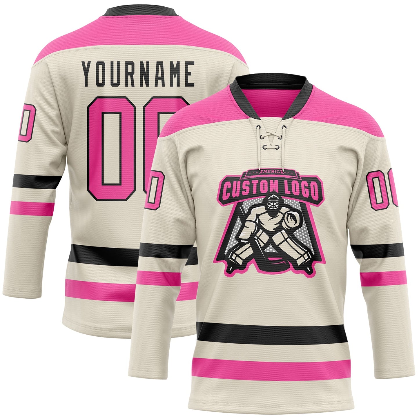 Custom Cream Pink-Black Hockey Lace Neck Jersey view 2