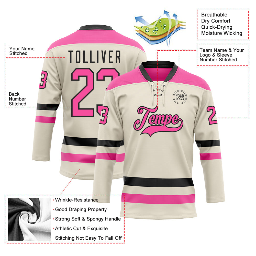 Custom Cream Pink-Black Hockey Lace Neck Jersey view 3