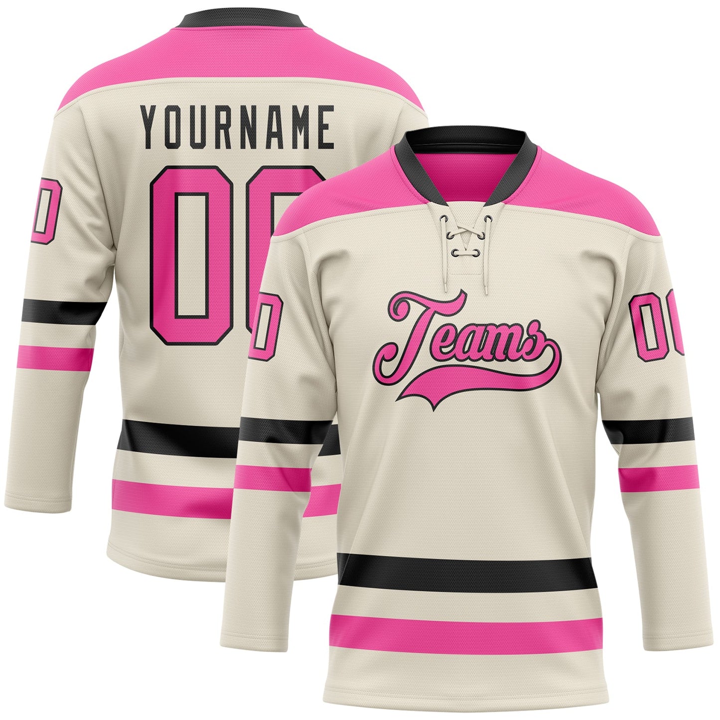 Custom Cream Pink-Black Hockey Lace Neck Jersey - Main View