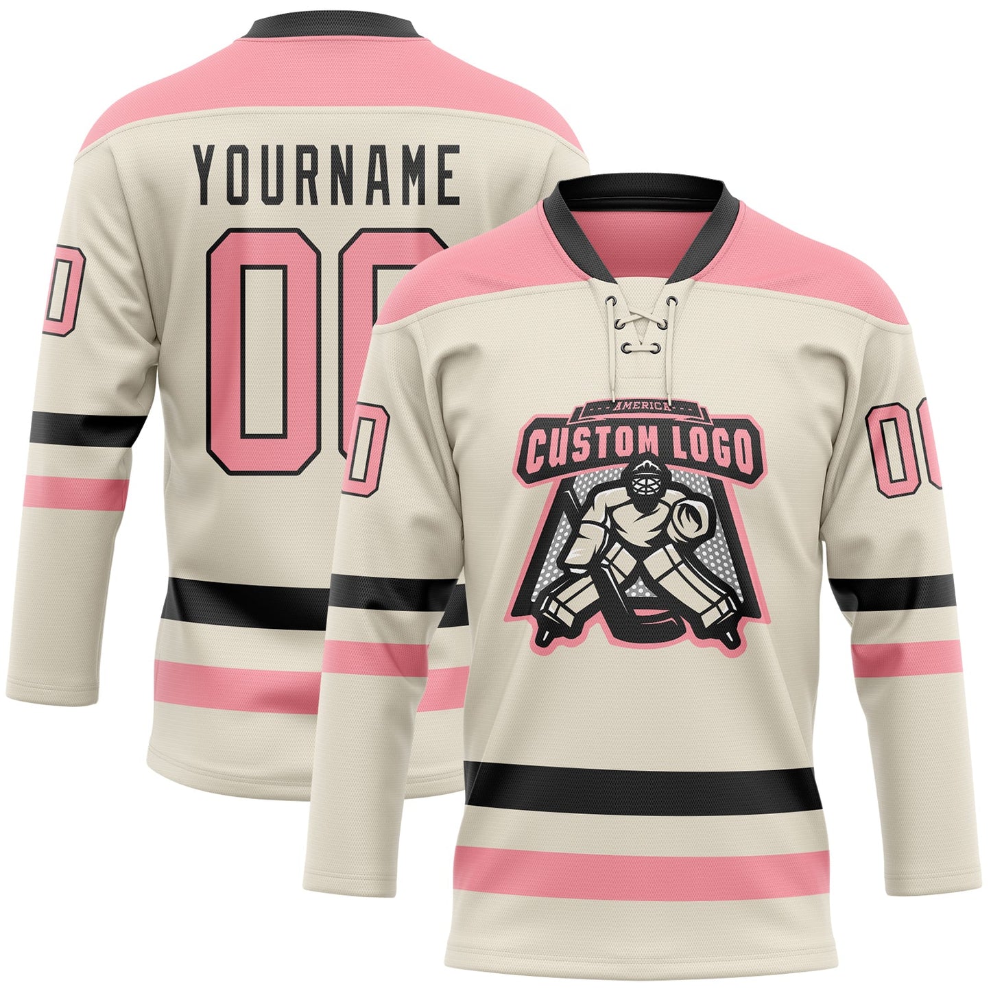 Custom Cream Medium Pink-Black Hockey Lace Neck Jersey view 2
