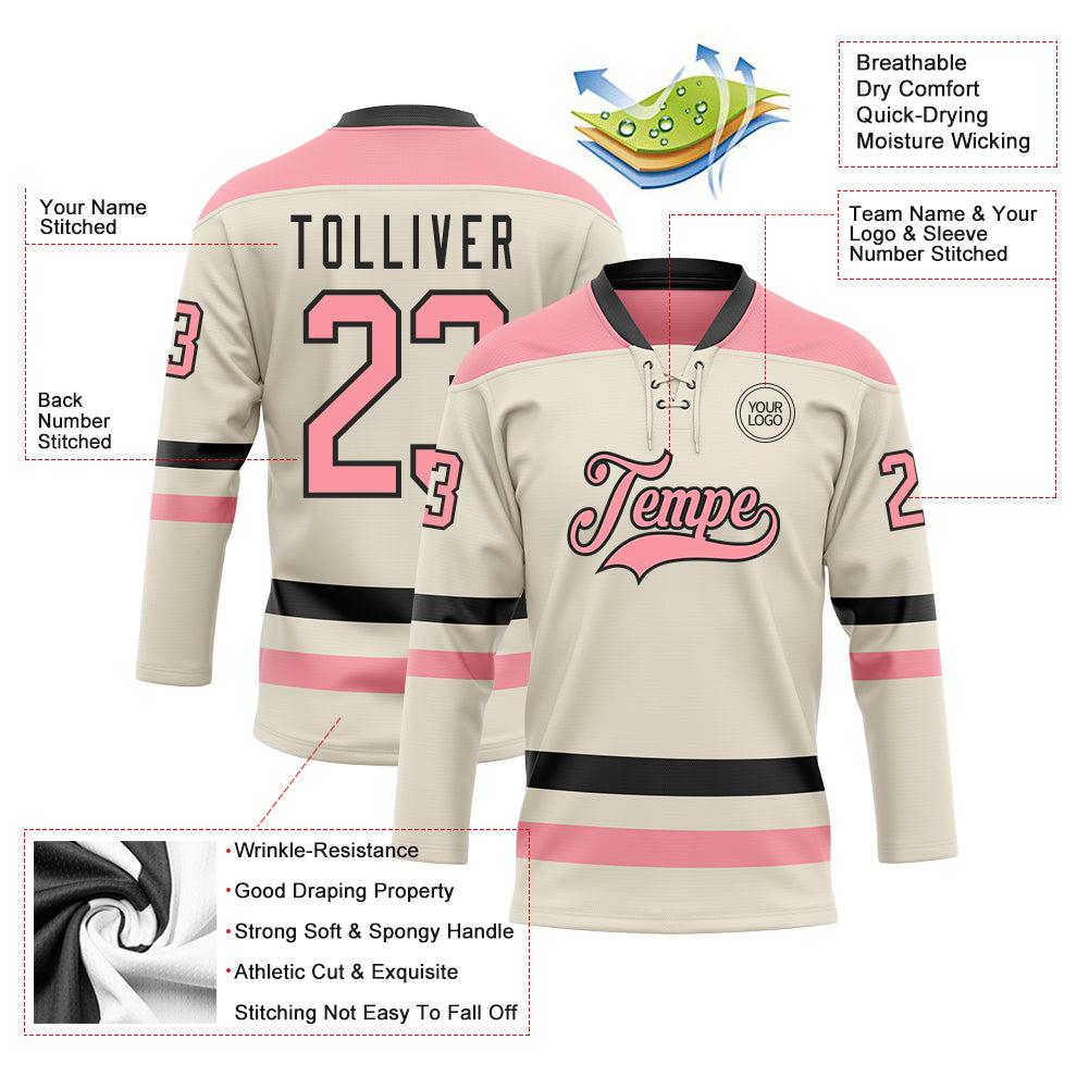 Custom Cream Medium Pink-Black Hockey Lace Neck Jersey view 3