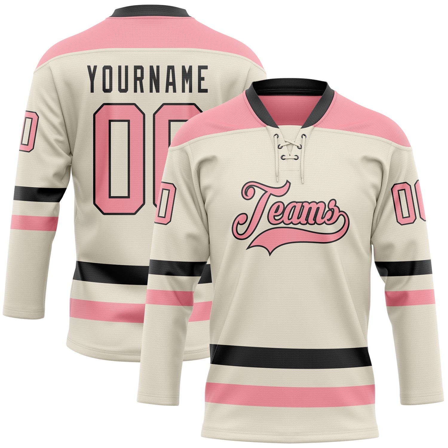 Custom Cream Medium Pink-Black Hockey Lace Neck Jersey - Main View