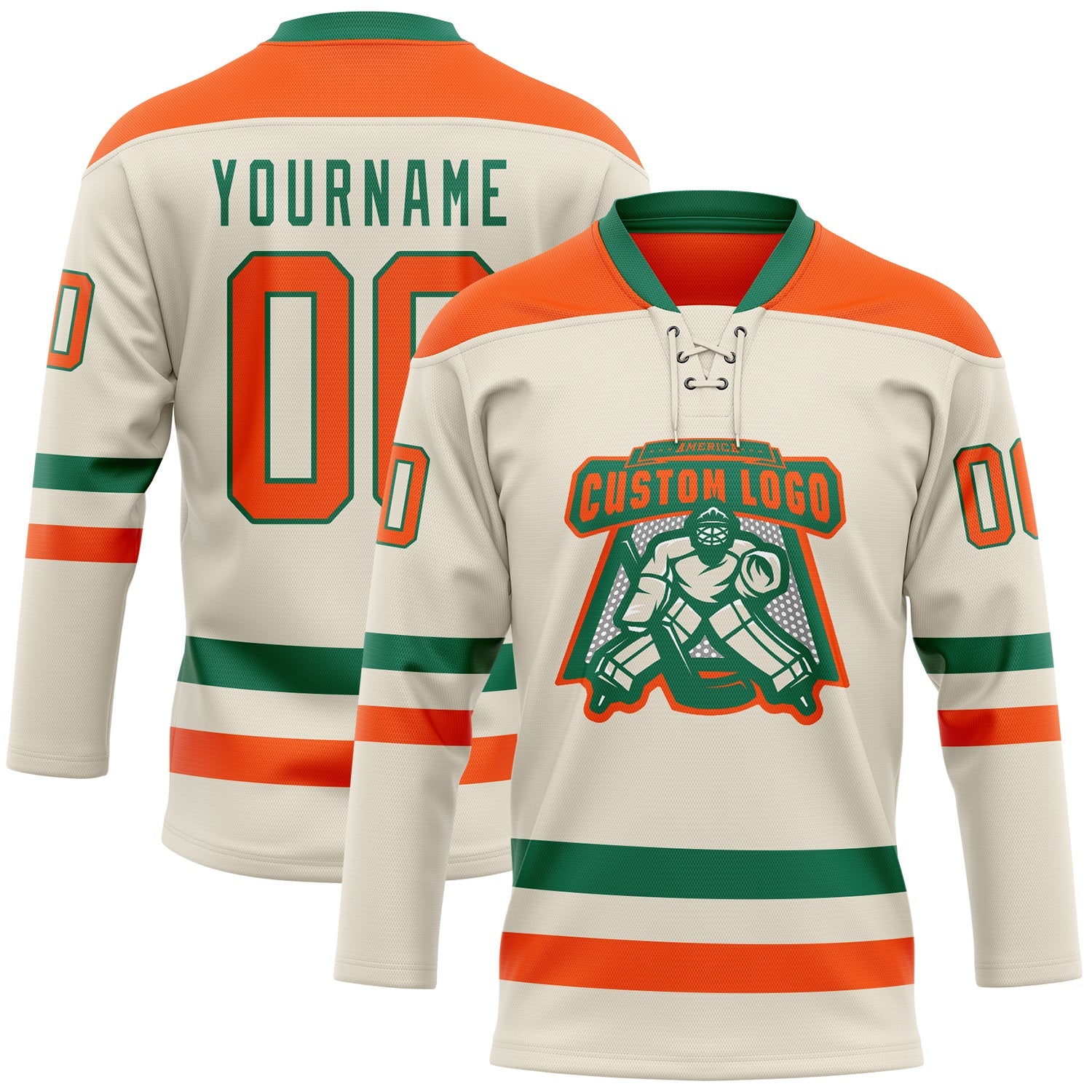 Custom Cream Orange-Kelly Green Hockey Lace Neck Jersey view 2