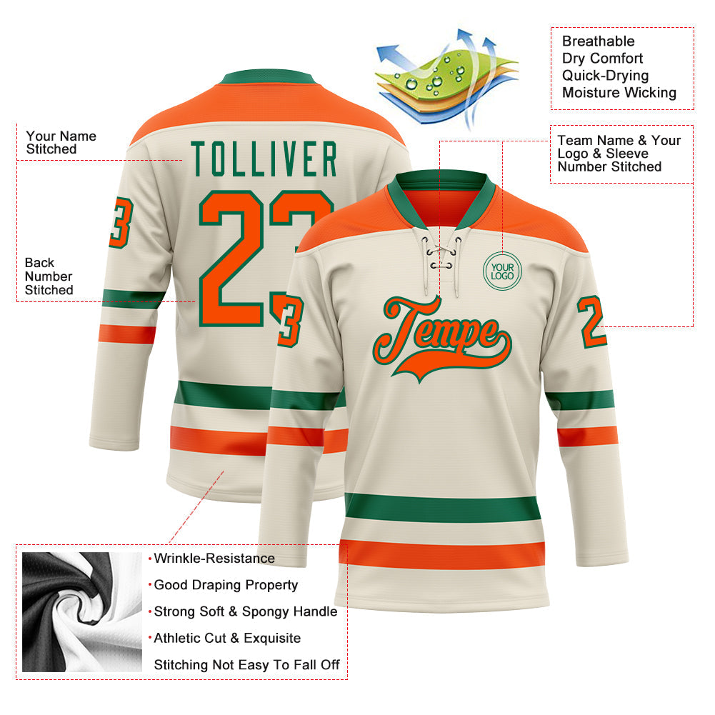 Custom Cream Orange-Kelly Green Hockey Lace Neck Jersey view 3