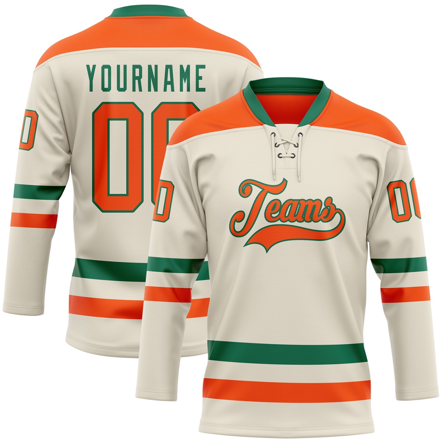 Custom Cream Orange-Kelly Green Hockey Lace Neck Jersey - Main View