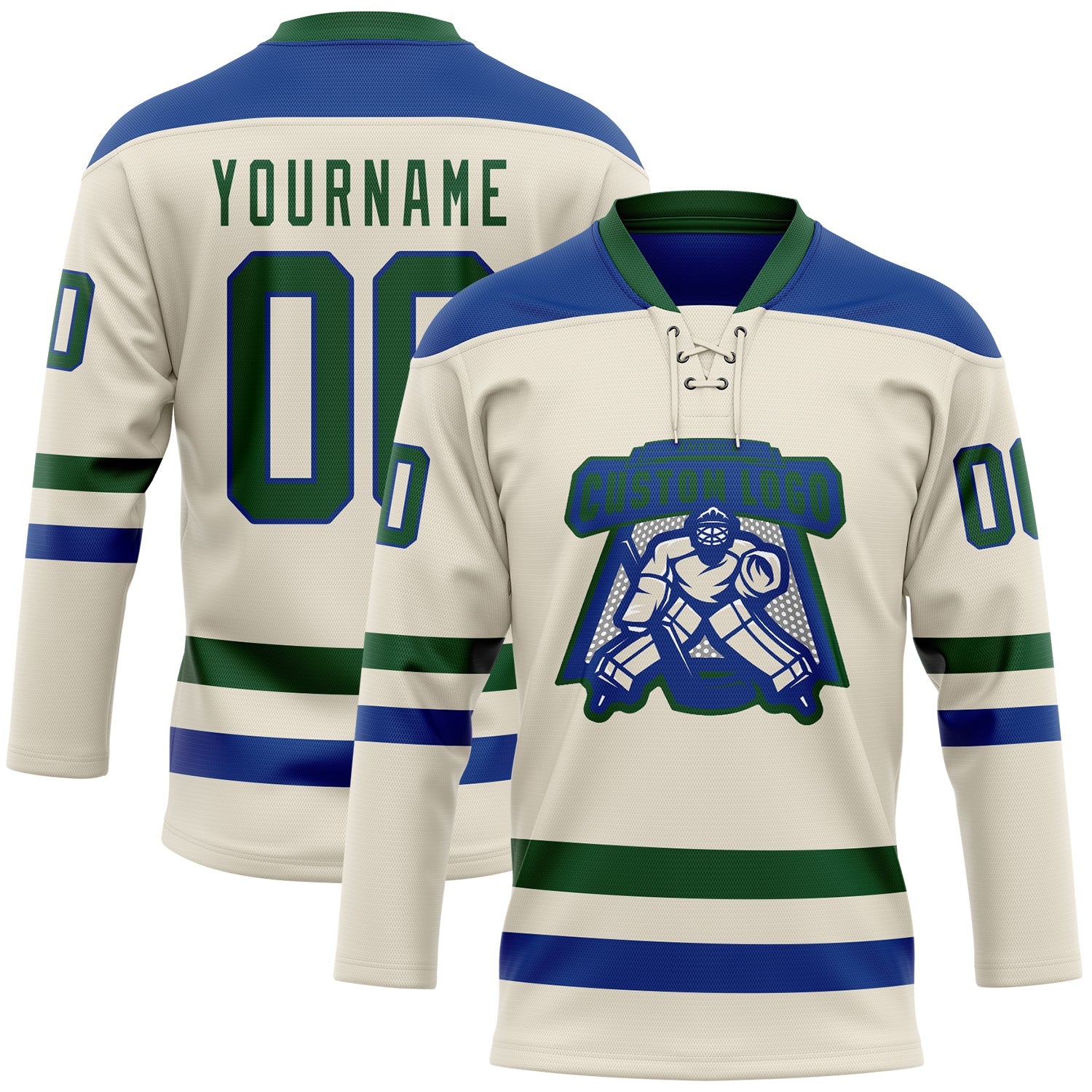 Custom Cream Green-Royal Hockey Lace Neck Jersey view 2