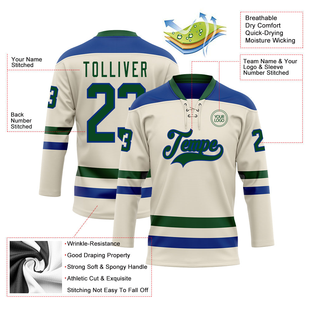 Custom Cream Green-Royal Hockey Lace Neck Jersey view 3
