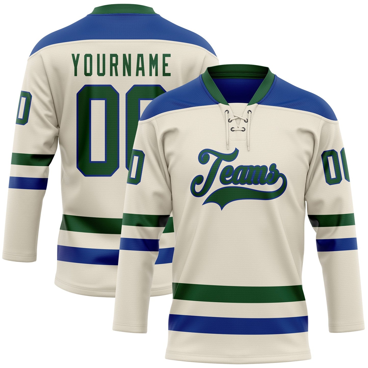 Custom Cream Green-Royal Hockey Lace Neck Jersey - Main View