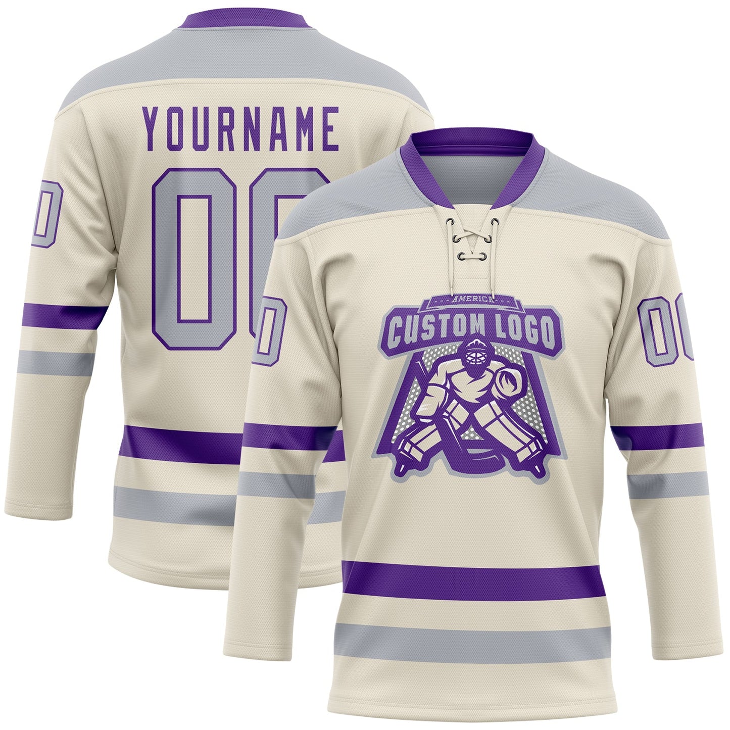 Custom Cream Gray-Purple Hockey Lace Neck Jersey view 2