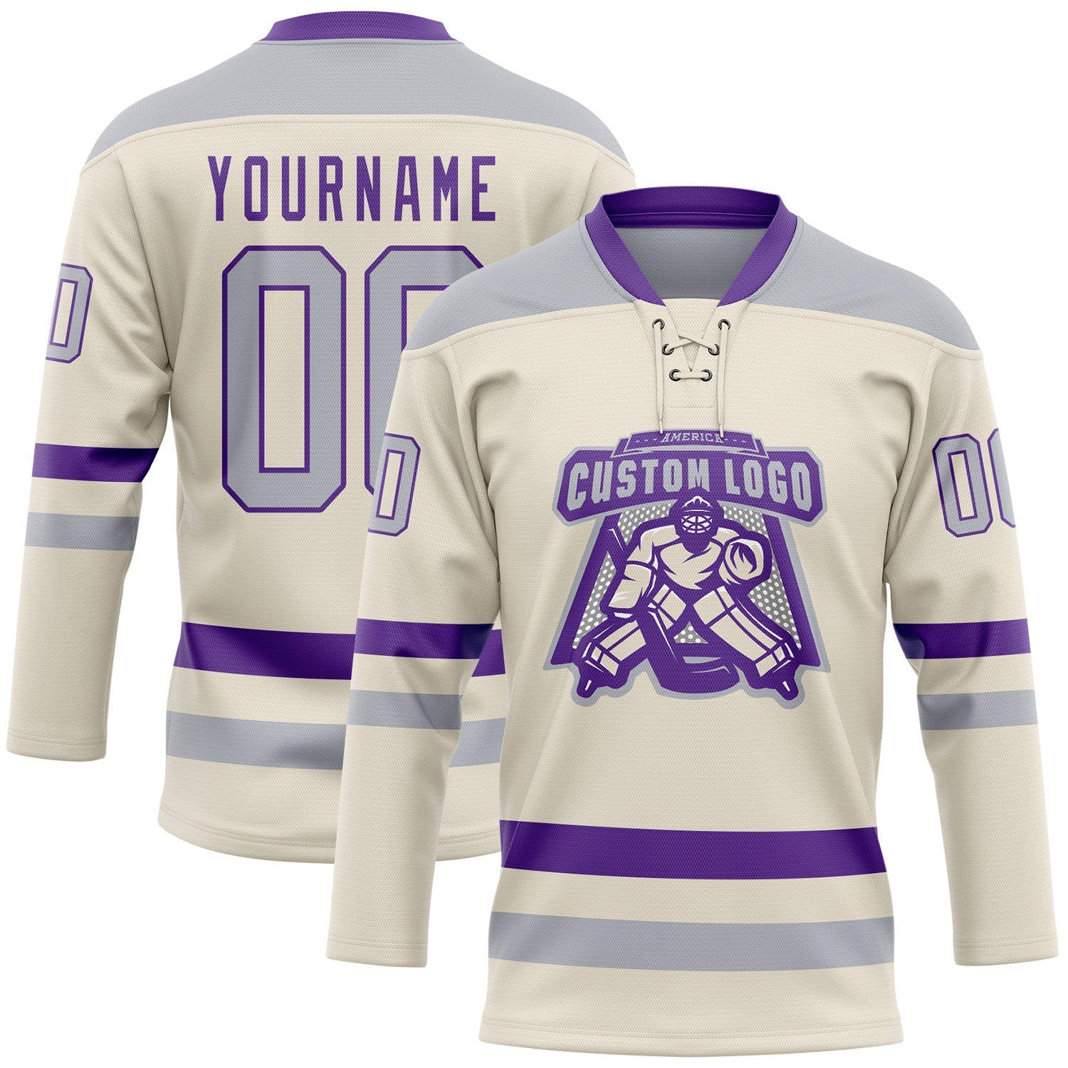 Custom Cream Gray-Purple Hockey Lace Neck Jersey view 2