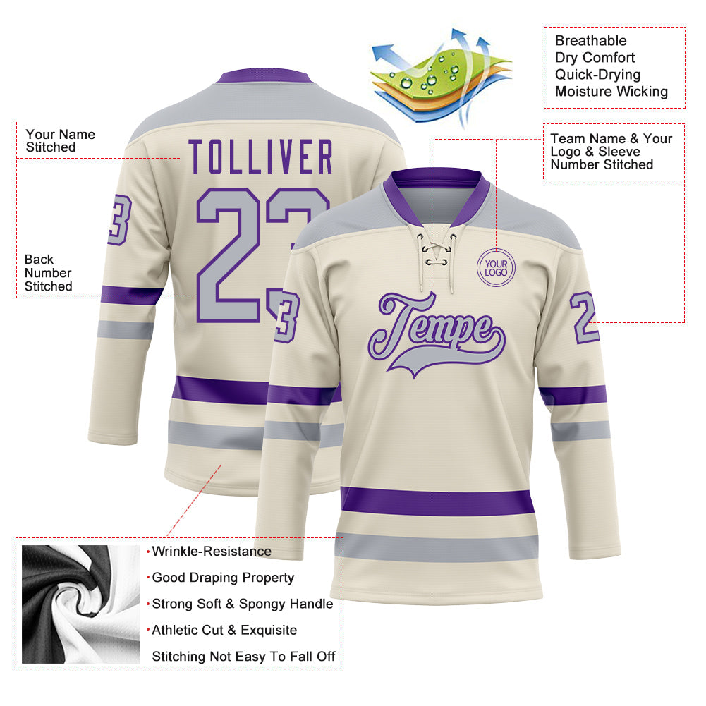 Custom Cream Gray-Purple Hockey Lace Neck Jersey view 3