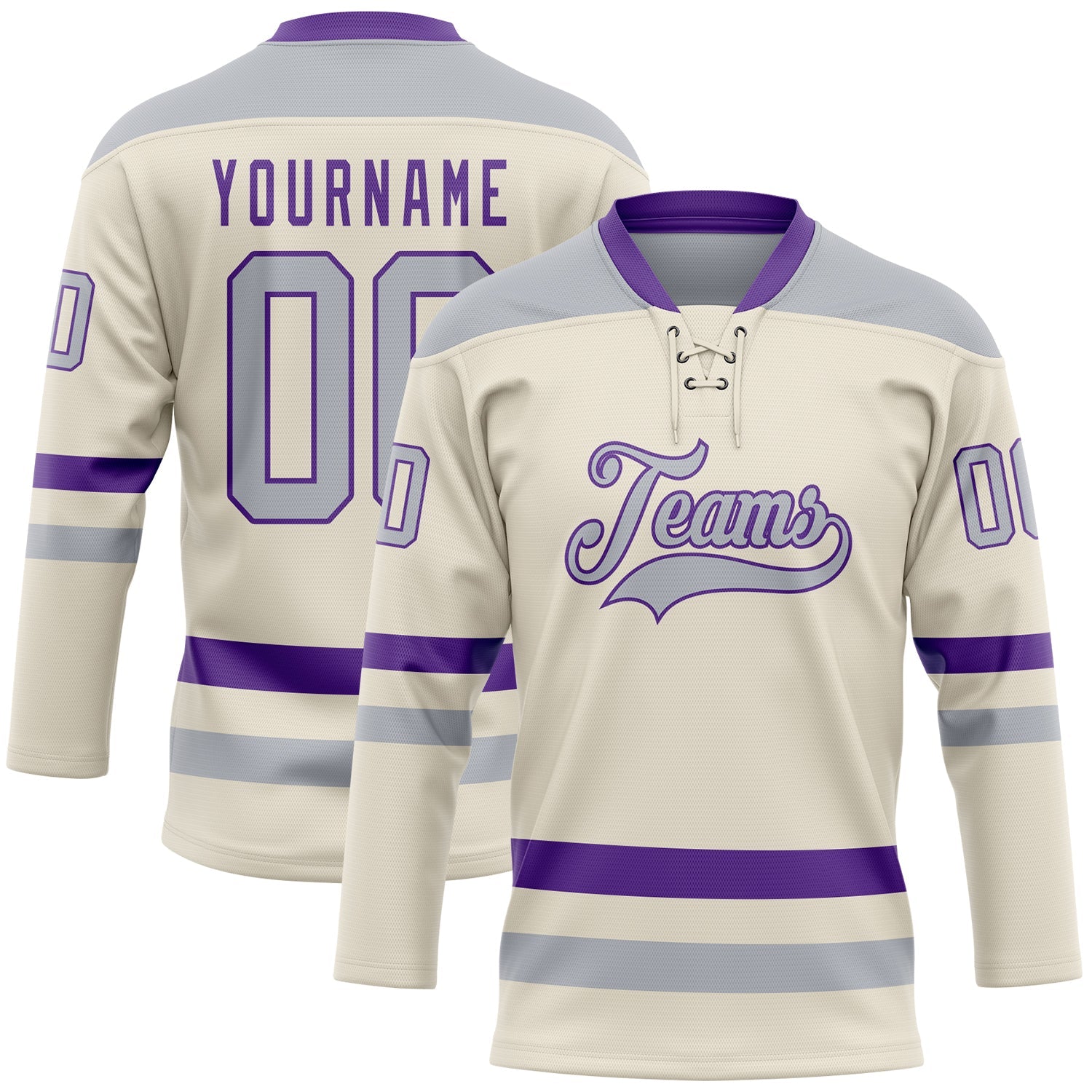 Custom Cream Gray-Purple Hockey Lace Neck Jersey - Main View