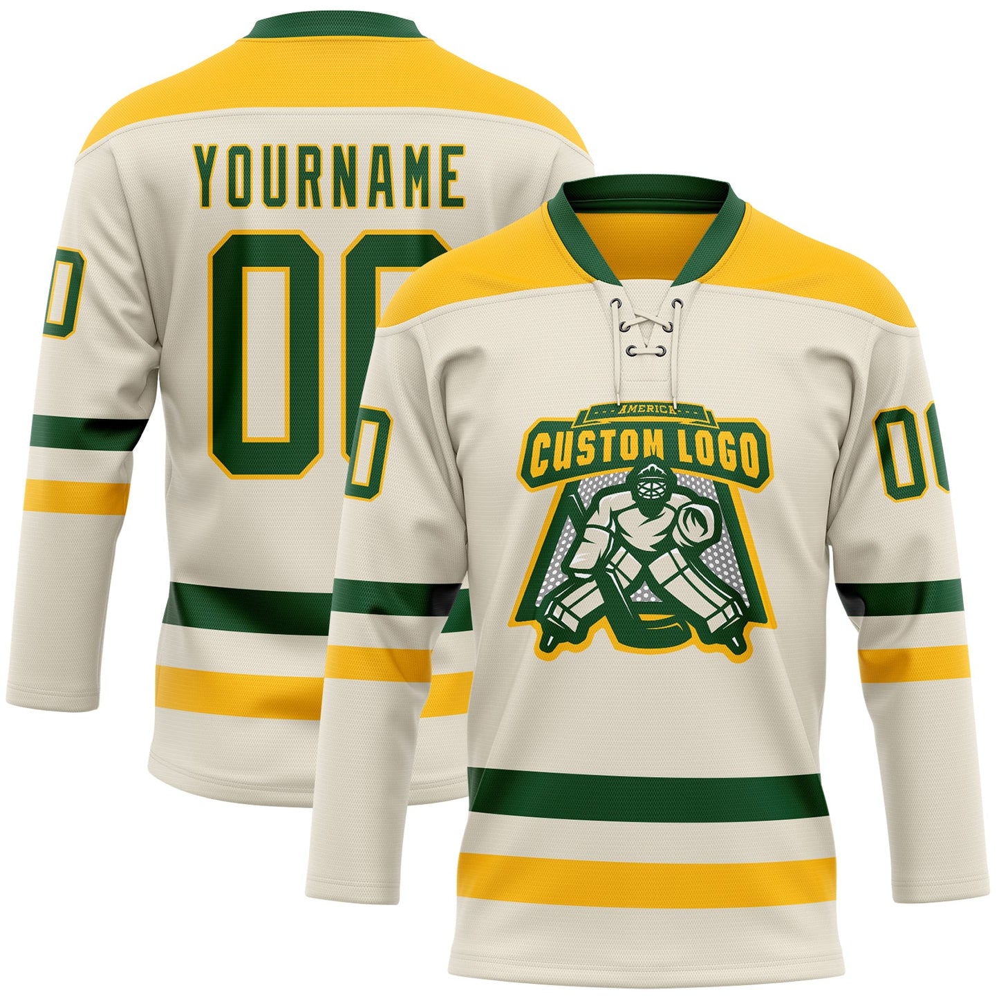 Custom Cream Green-Gold Hockey Lace Neck Jersey view 2