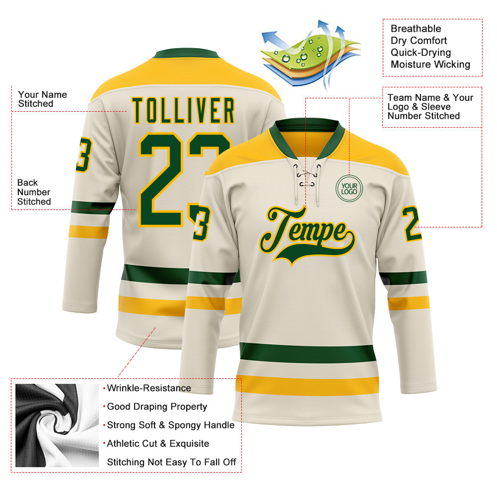 Custom Cream Green-Gold Hockey Lace Neck Jersey view 3