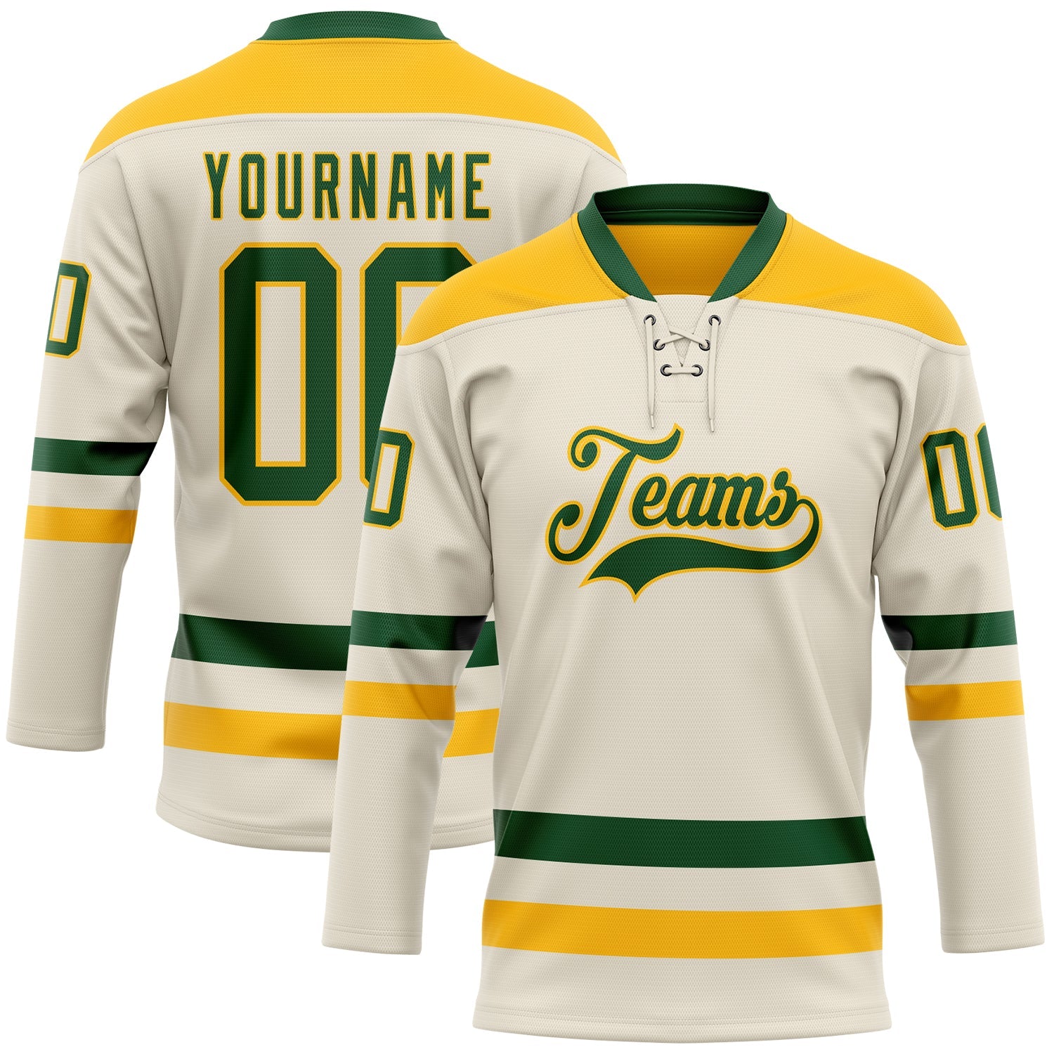 Custom Cream Green-Gold Hockey Lace Neck Jersey - Main View