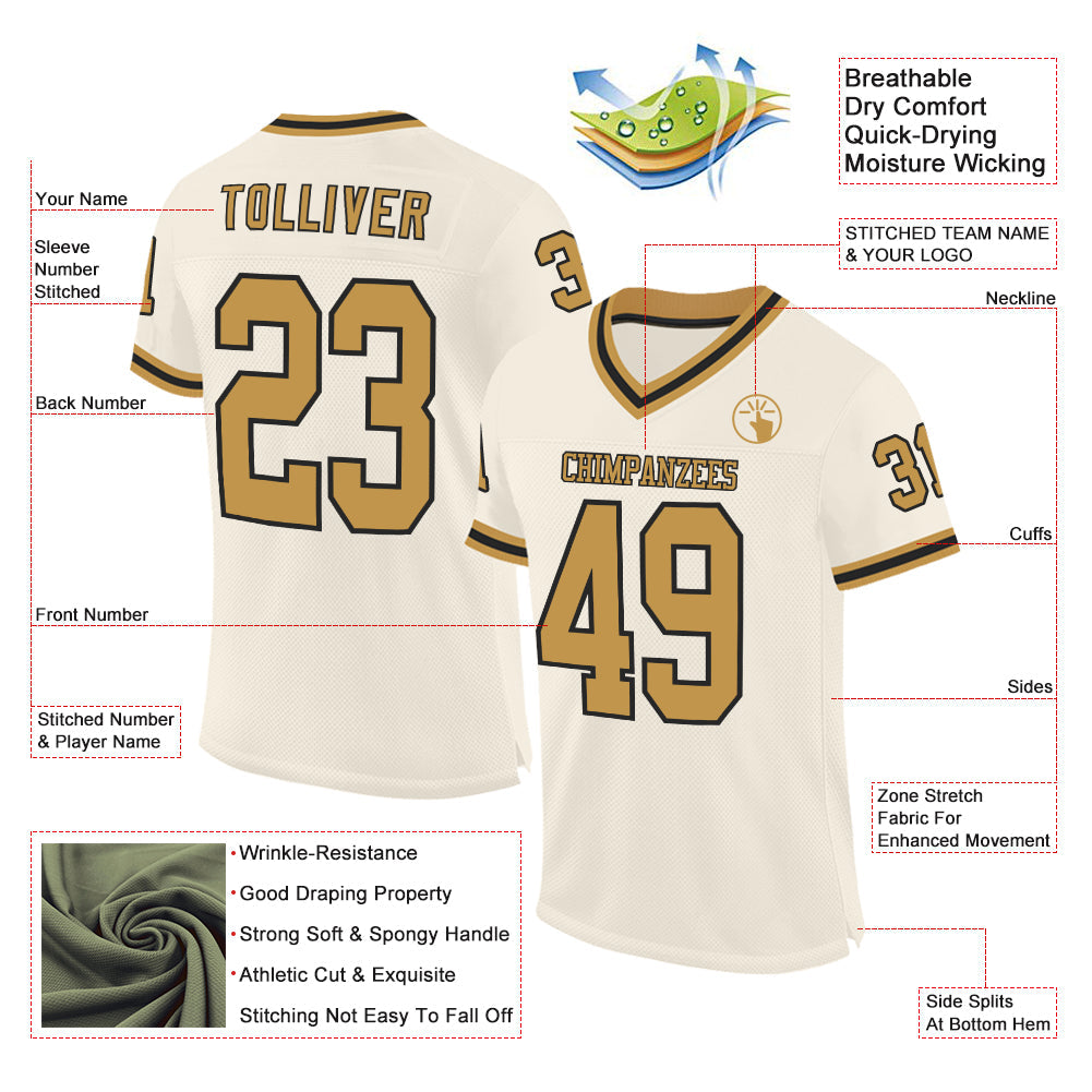 Custom Cream Old Gold-Black Mesh Authentic Throwback Football Jersey view 2