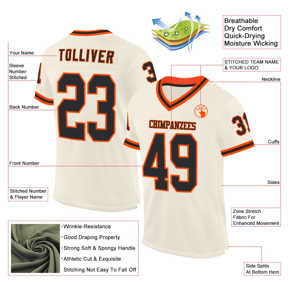 Custom Cream Black-Orange Mesh Authentic Throwback Football Jersey view 2