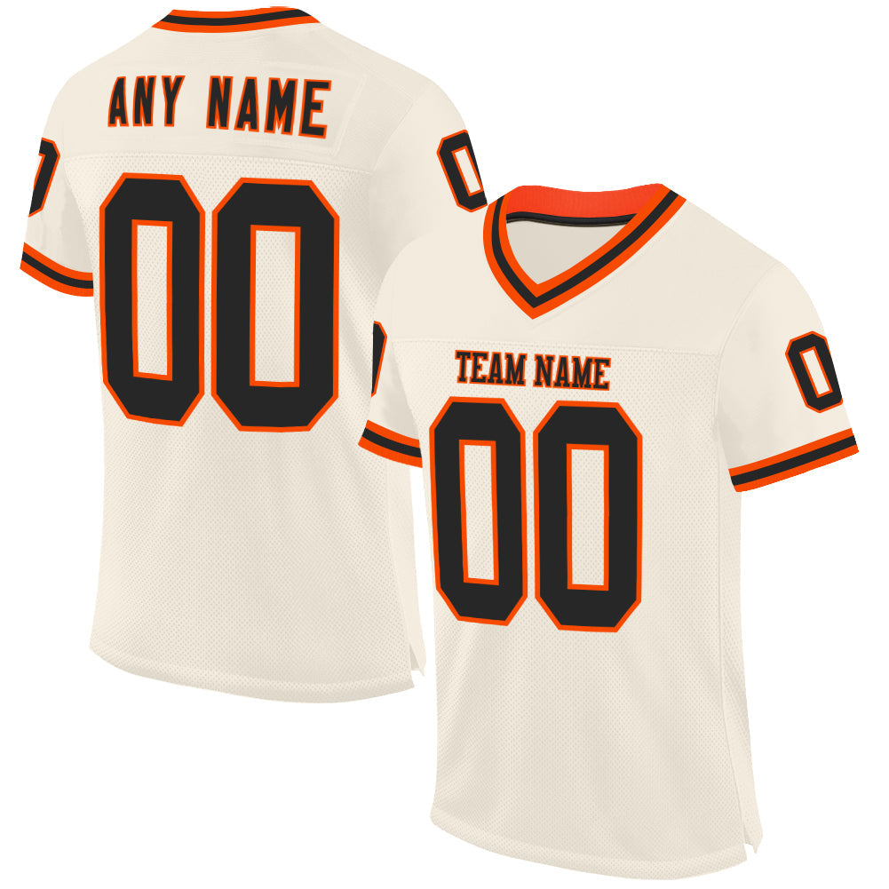 Custom Cream Black-Orange Mesh Authentic Throwback Football Jersey - Main View