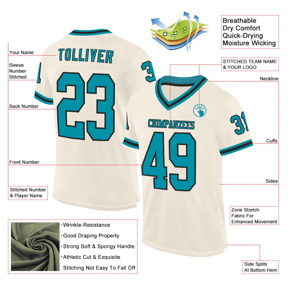 Custom Cream Teal-Black Mesh Authentic Throwback Football Jersey view 2