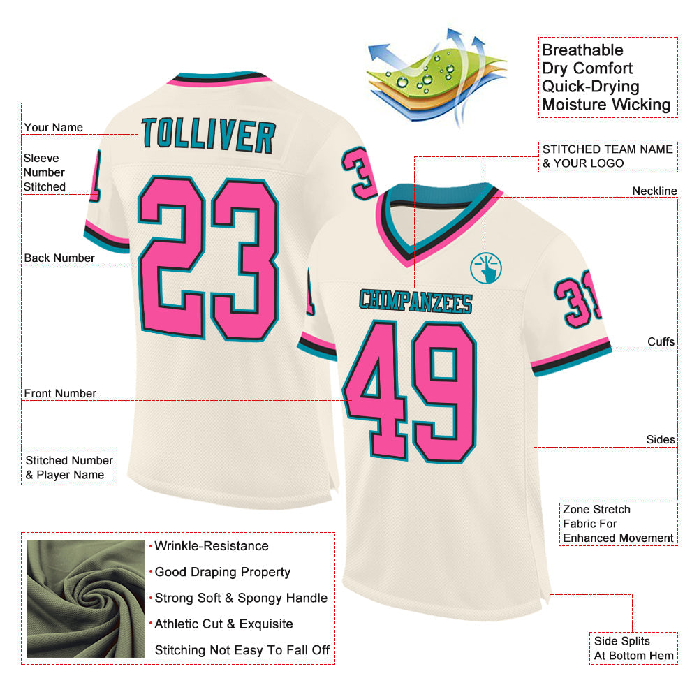 Custom Cream Pink Black-Teal Mesh Authentic Throwback Football Jersey view 2