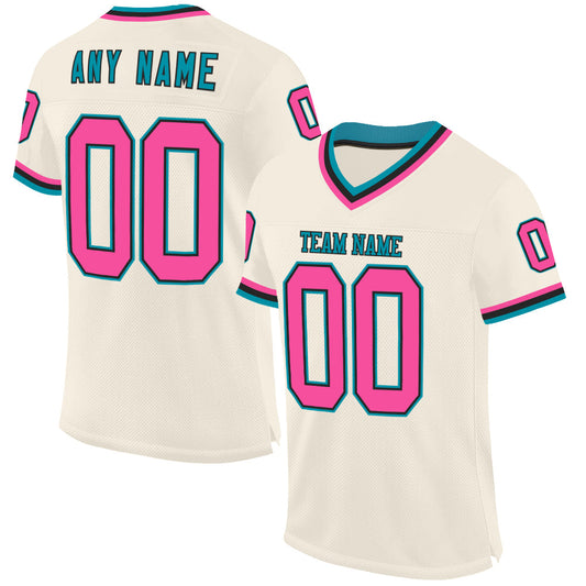 Custom Cream Pink Black-Teal Mesh Authentic Throwback Football Jersey - Main View