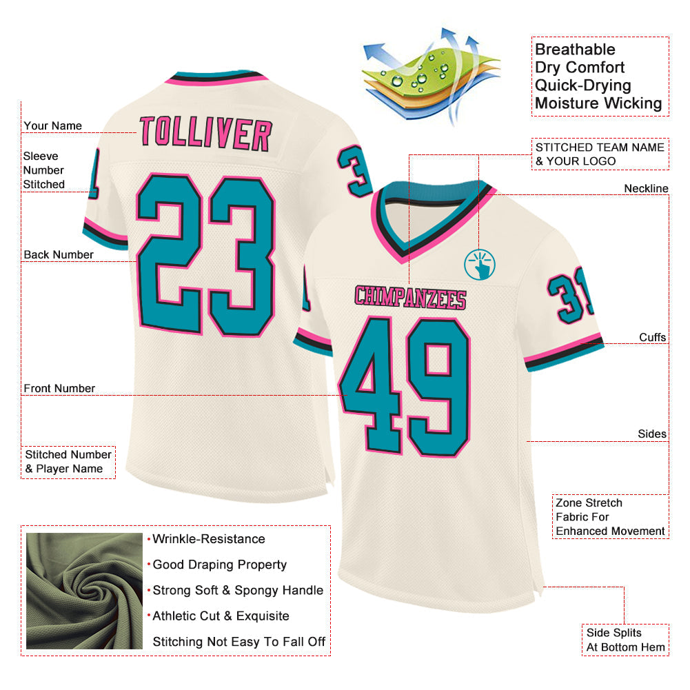 Custom Cream Teal Black-Pink Mesh Authentic Throwback Football Jersey view 2