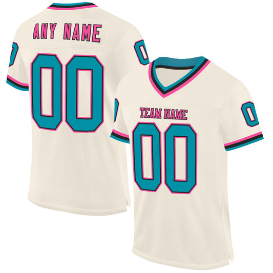 Custom Cream Teal Black-Pink Mesh Authentic Throwback Football Jersey - Main View