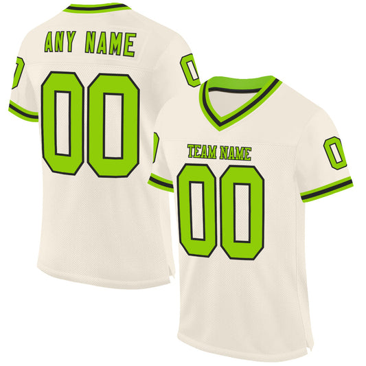 Custom Cream Neon Green-Black Mesh Authentic Throwback Football Jersey - Main View