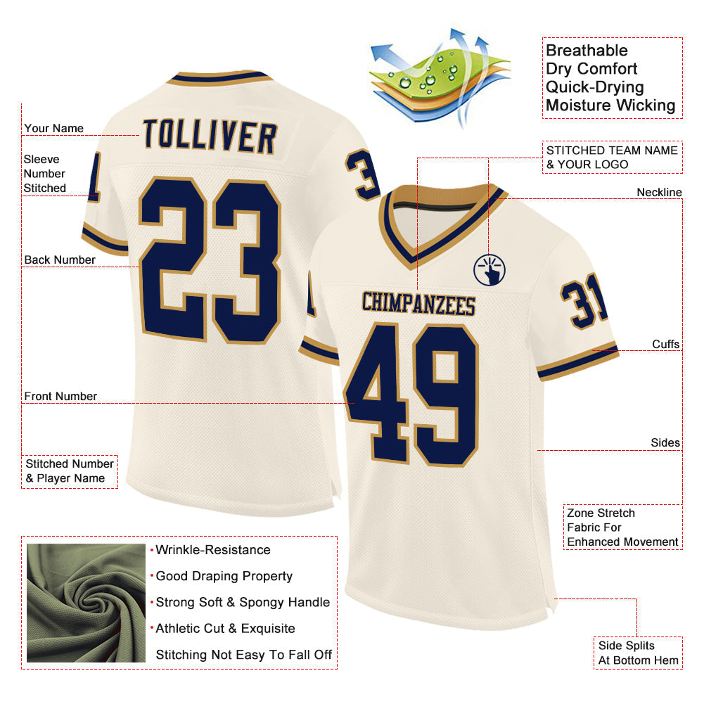 Custom Cream Navy-Old Gold Mesh Authentic Throwback Football Jersey view 2