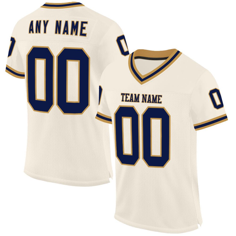 Custom Cream Navy-Old Gold Mesh Authentic Throwback Football Jersey - Main View